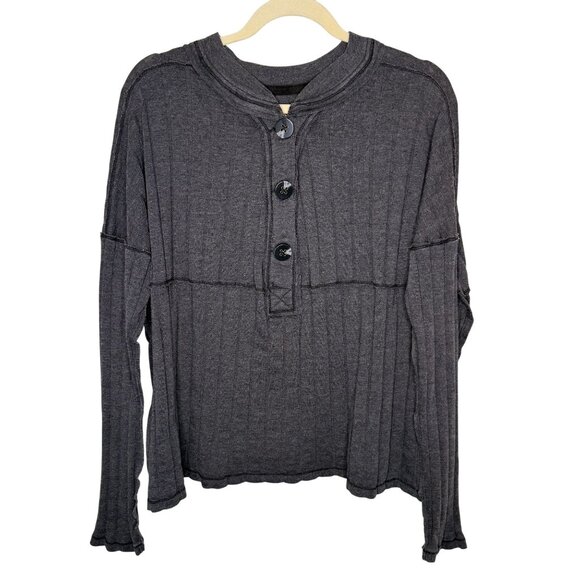 We The Free Charcoal Gray Ribbed Button-Up Long Sleeve Top, L - Picture 1 of 9